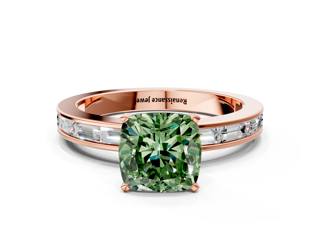 Rose gold Fancy Green Cushion  Solitaire Diamond Ring with Channel-Set Baguette Band and Four-Prong Setting_88
