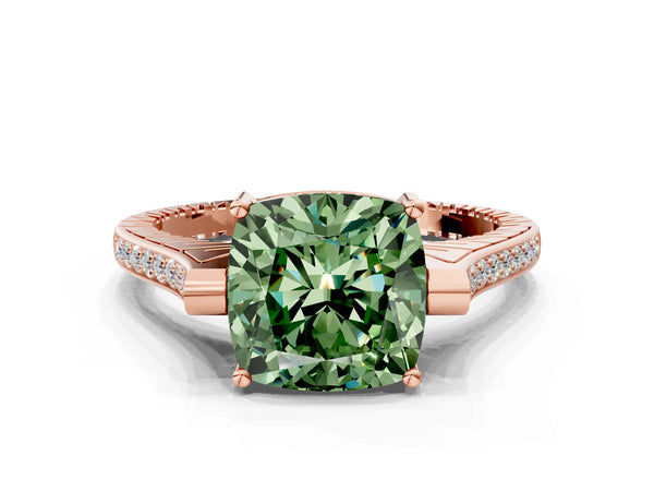 Rose gold Fancy Green Cushion  Solitaire Diamond Ring with Channel Set Band and Bezel Prong Setting