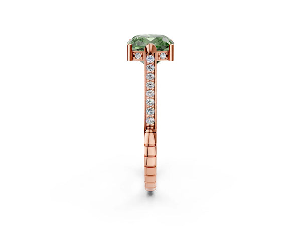 Rose gold Fancy Green Cushion  Solitaire Diamond Ring with Channel Set Band and Bezel Prong Setting