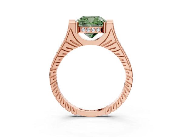Rose gold Fancy Green Cushion  Solitaire Diamond Ring with Channel Set Band and Bezel Prong Setting