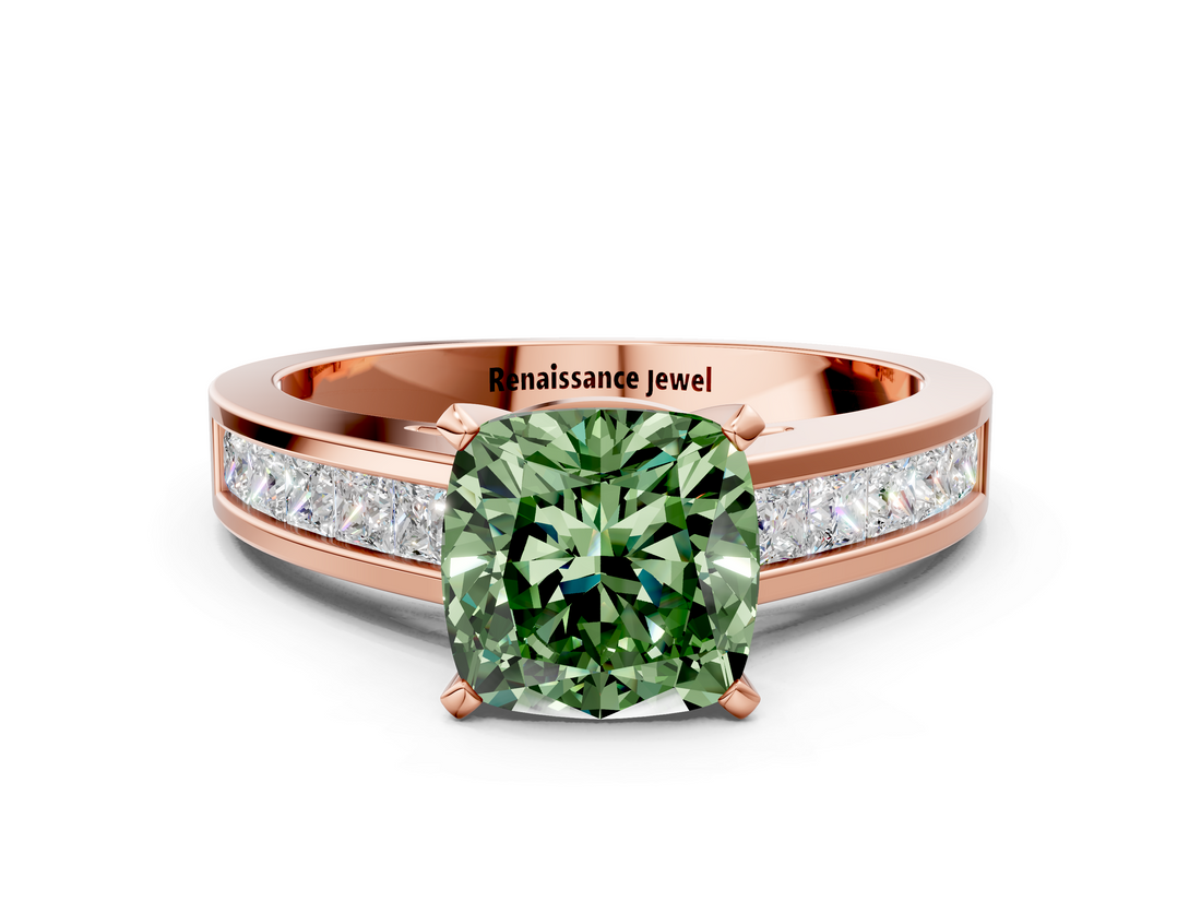 Rose gold Fancy Green Cushion  Solitaire Diamond Ring with Channel-Set Band and Four-Prong Setting_3