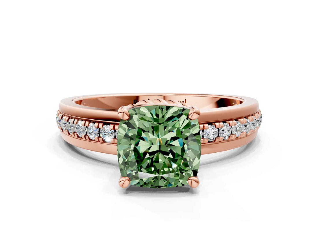 Rose gold Fancy Green Cushion  Solitaire Diamond Ring with Channel Set Band and Six-Prong Setting_48