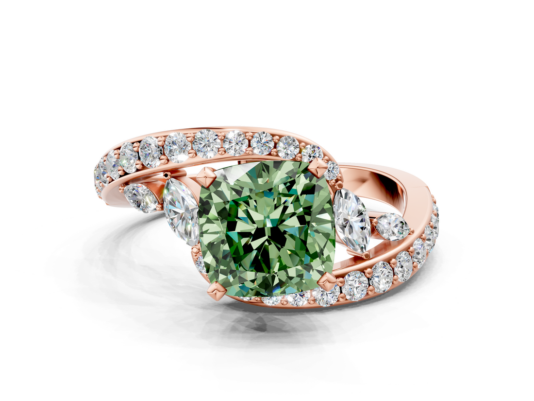 Rose gold Fancy Green Cushion  Solitaire Diamond Ring with Filigree Band and Four-Prong Setting_42