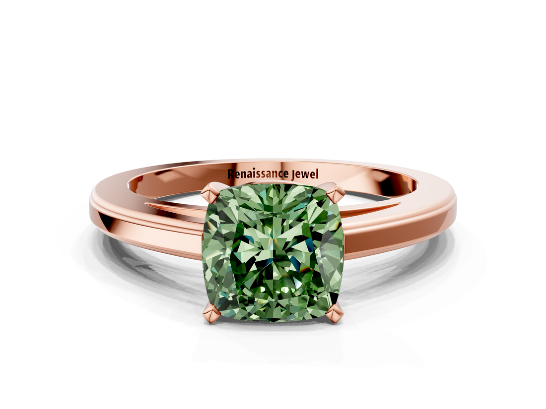 Rose gold Fancy Green Cushion  Solitaire Diamond Ring with Four-Prong Setting and Classic Band_3
