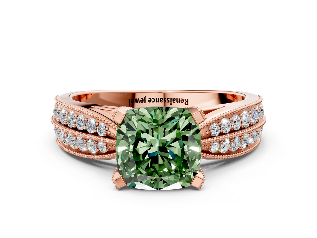 Rose gold Fancy Green Cushion  Solitaire Diamond Ring with Milgrain Pavé Band and Four-Prong Setting_20