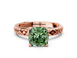 Rose gold Fancy Green Cushion  Solitaire Diamond Ring with Milgrain and Black Enamel X Pattern Band_183
