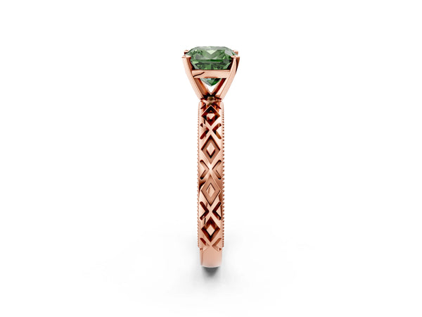 Rose gold Fancy Green Cushion  Solitaire Diamond Ring with Milgrain and Black Enamel X Pattern Band