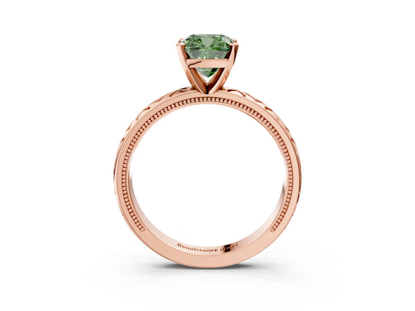 Rose gold Fancy Green Cushion  Solitaire Diamond Ring with Milgrain and Black Enamel X Pattern Band