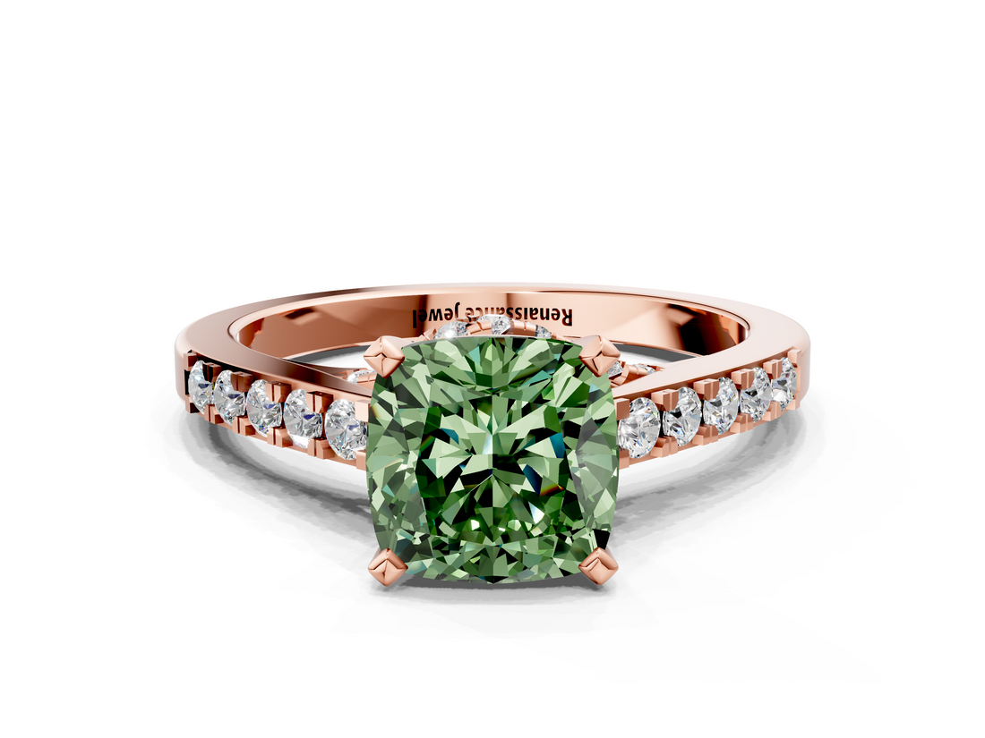 Rose gold Fancy Green Cushion  Solitaire Diamond Ring with Pavé Band and Four-Prong Setting_107