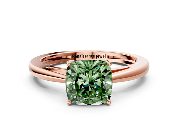 Rose gold Fancy Green Cushion  Solitaire Diamond Ring with Split Shank and Four-Prong Setting