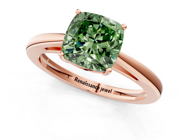 Rose gold Fancy Green Cushion  Solitaire Diamond Ring with Split Shank and Four-Prong Setting