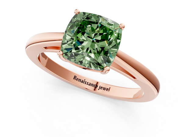 Rose gold Fancy Green Cushion  Solitaire Diamond Ring with Split Shank and Four-Prong Setting