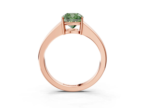 Rose gold Fancy Green Cushion  Solitaire Diamond Ring with Tapered Band and Four-Prong Setting