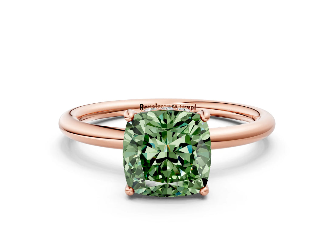 Rose gold Fancy Green Cushion  Solitaire Diamond Ring with a Classic Band and Four-Prong Setting
