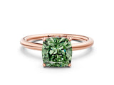 Rose gold Fancy Green Cushion  Solitaire Diamond Ring with a Classic Band and Four-Prong Setting