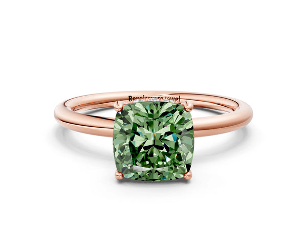 Rose gold Fancy Green Cushion  Solitaire Diamond Ring with a Classic Band and Four-Prong Setting