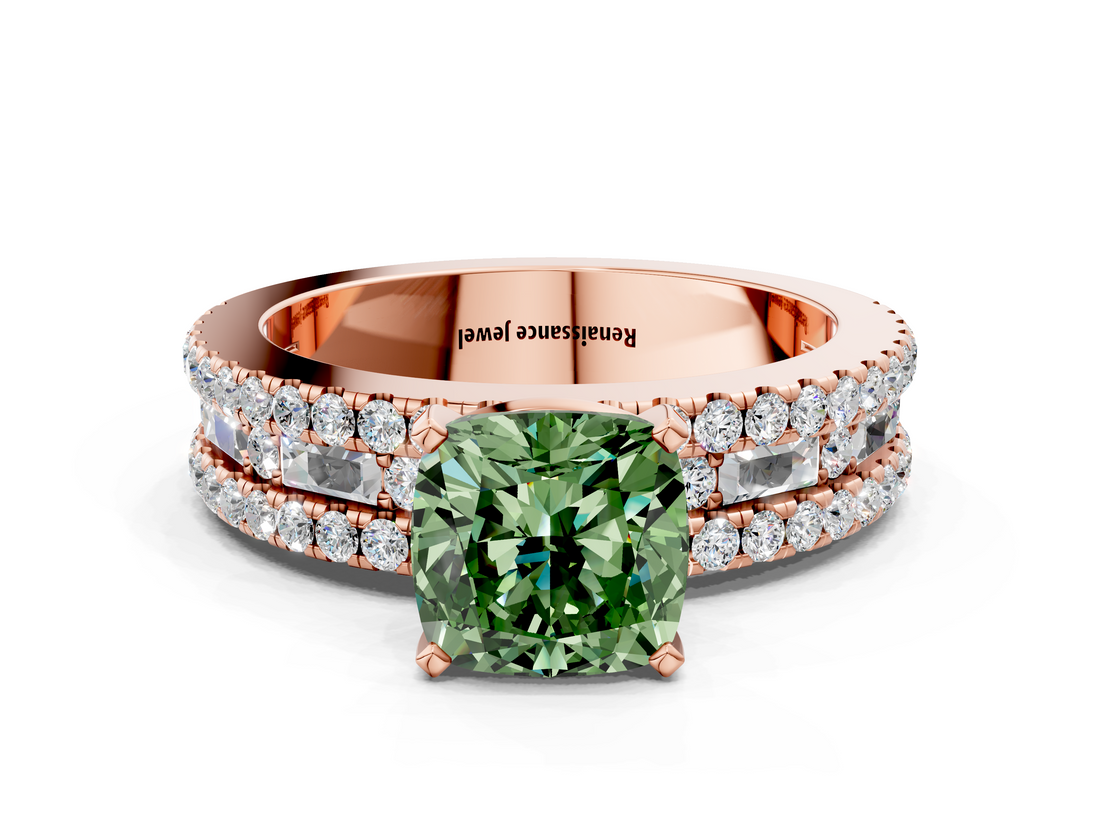 Rose gold Fancy Green Cushion  Solitaire Diamond with Pave and Channel Set Band_61
