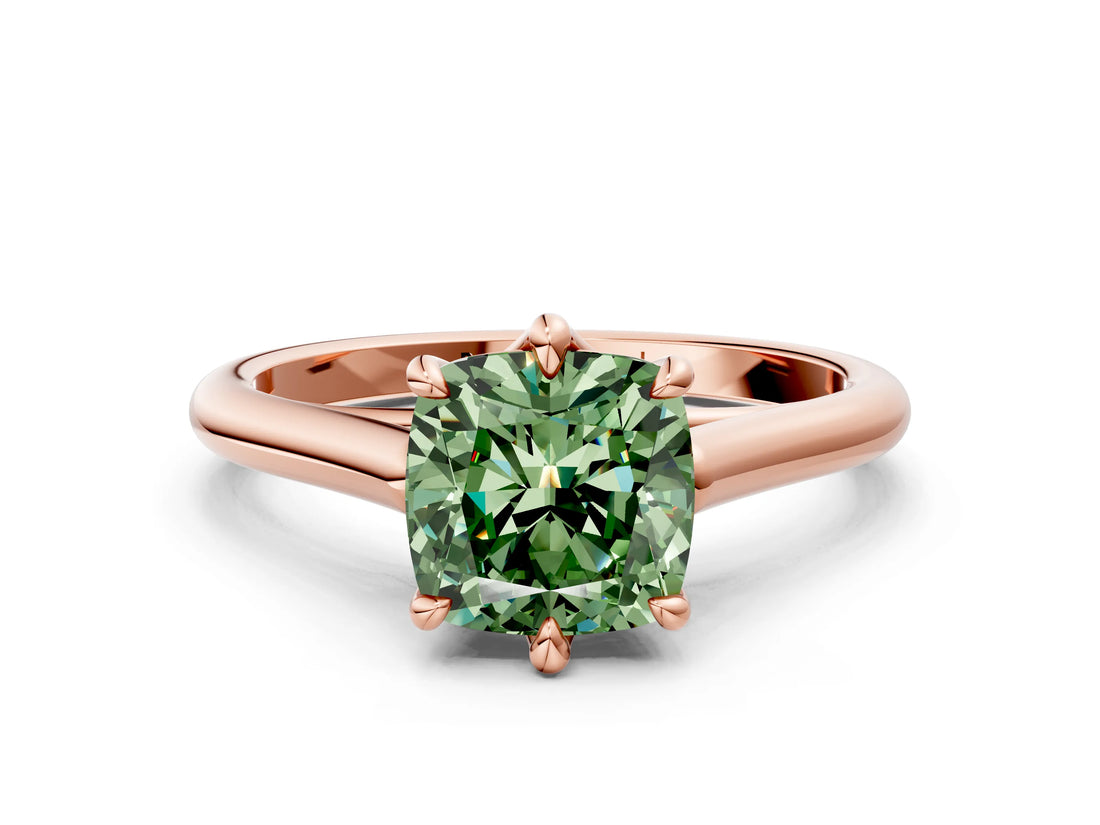 Rose gold Fancy Green Cushion  Solitaire Engagement Ring with Six-Prong Setting and Classic Band