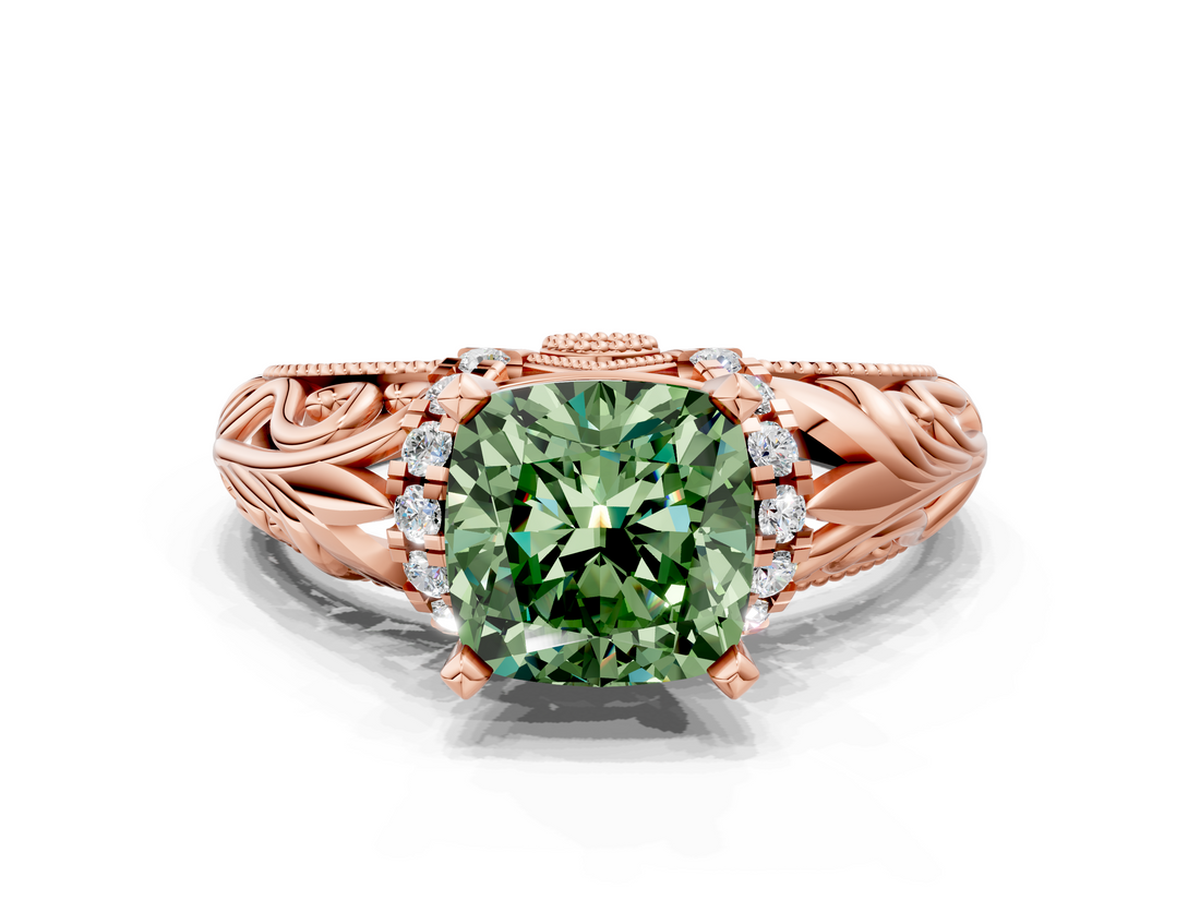 Rose gold Fancy Green Cushion  Solitaire Filigree Engagement Ring with Halo and Prong Setting_75