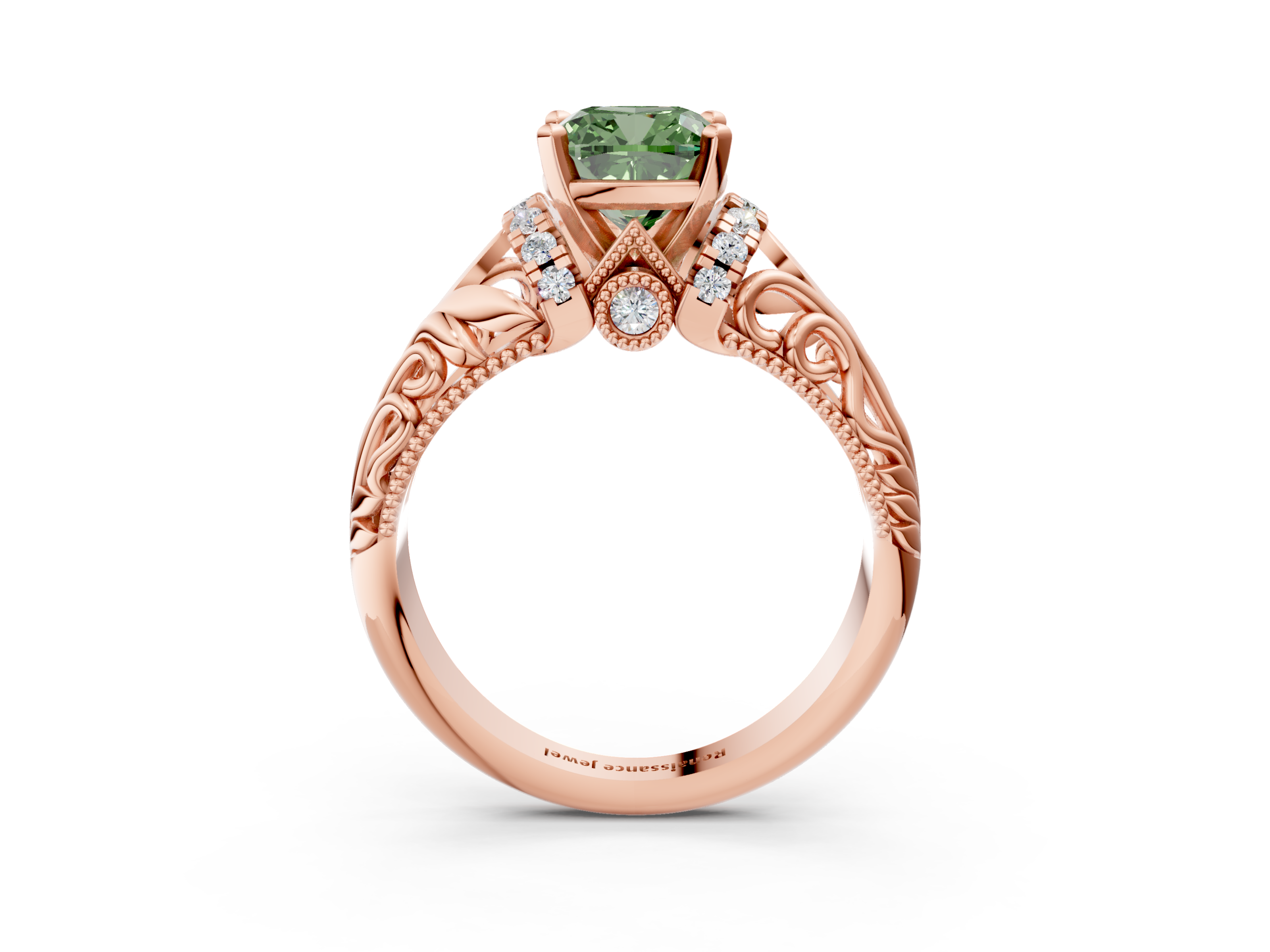 Rose gold Fancy Green Cushion  Solitaire Filigree Engagement Ring with Halo and Prong Setting_78