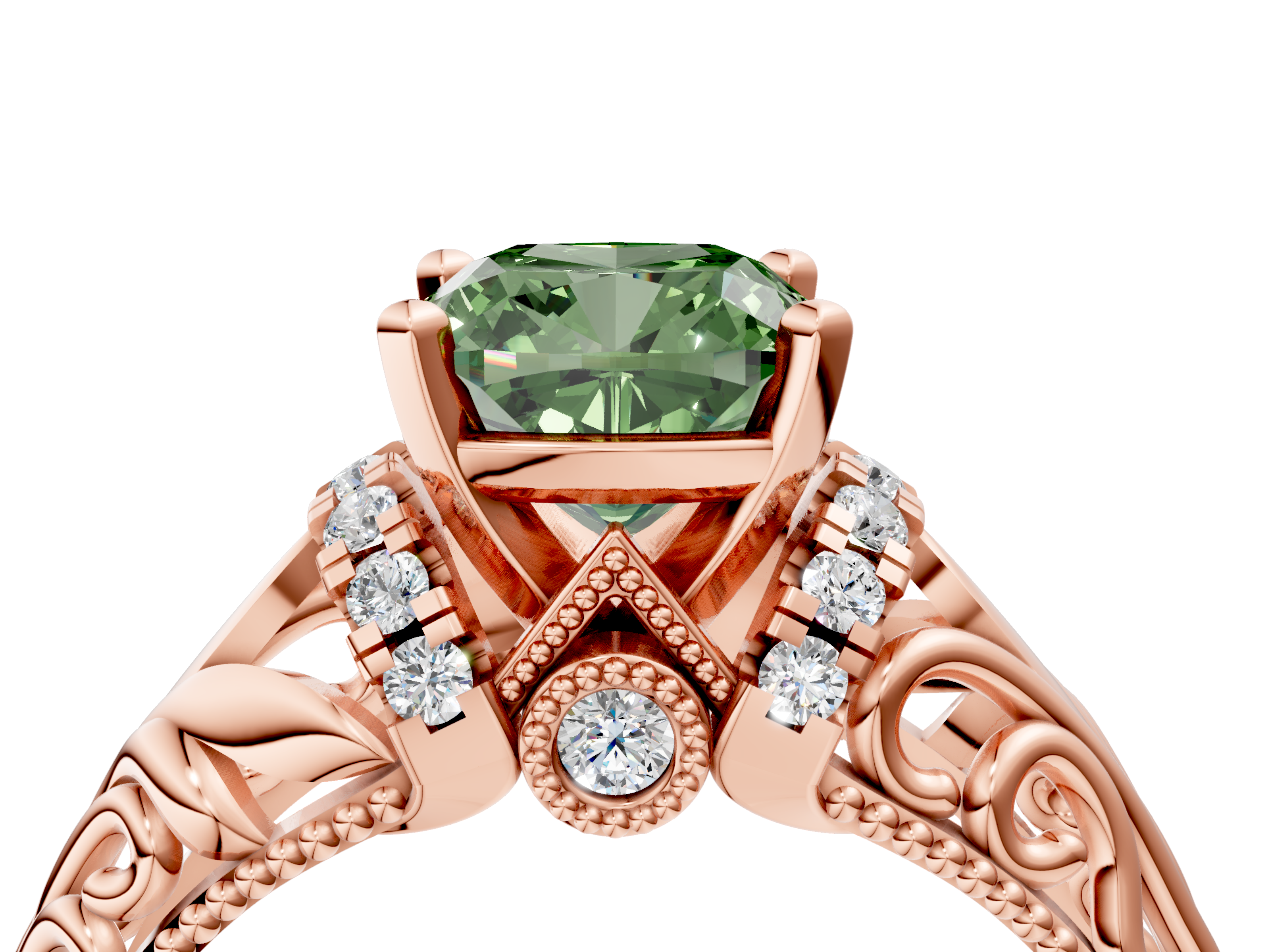 Rose gold Fancy Green Cushion  Solitaire Filigree Engagement Ring with Halo and Prong Setting_79