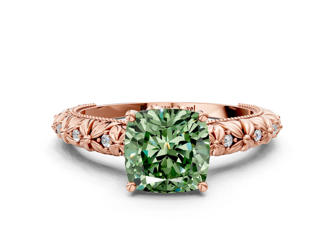 Rose gold Fancy Green Cushion  Solitaire Floral Milgrain Engagement Ring_31