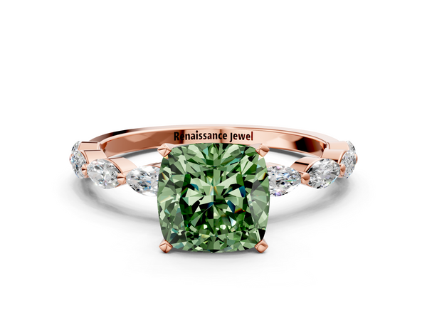 Rose gold Fancy Green Cushion Cut Diamond Ring with Marquise Side Stones and Prong Setting