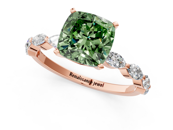 Rose gold Fancy Green Cushion Cut Diamond Ring with Marquise Side Stones and Prong Setting