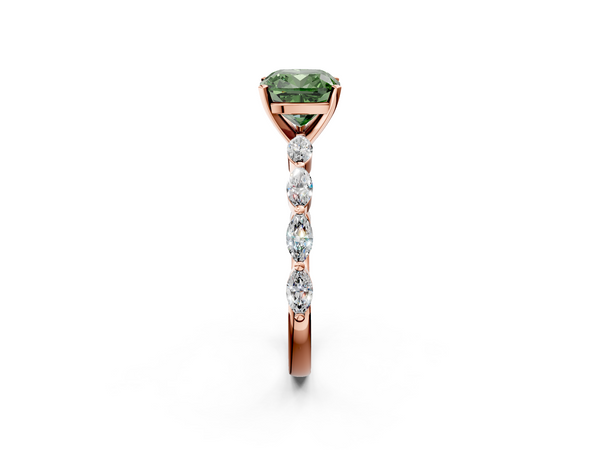 Rose gold Fancy Green Cushion Cut Diamond Ring with Marquise Side Stones and Prong Setting