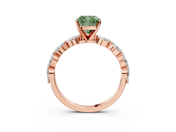 Rose gold Fancy Green Cushion Cut Diamond Ring with Marquise Side Stones and Prong Setting