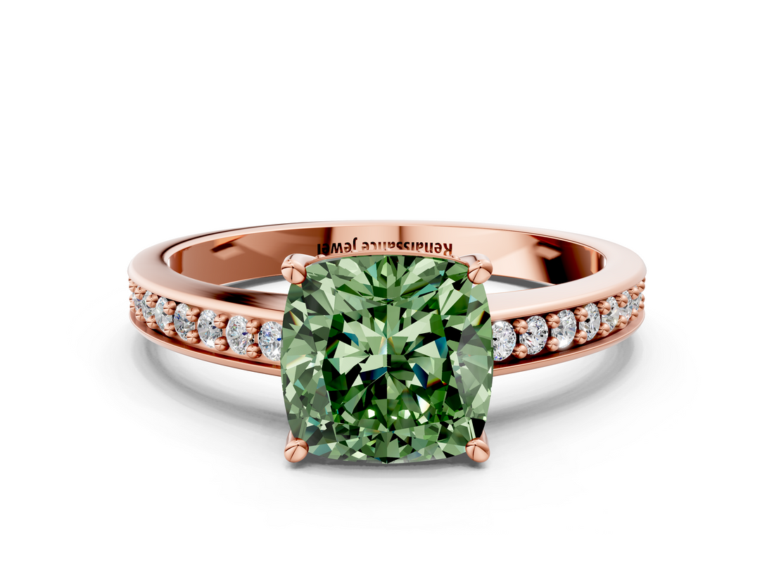 Rose gold Fancy Green Cushion  Solitaire Pavé Band Prong Setting Ring_16