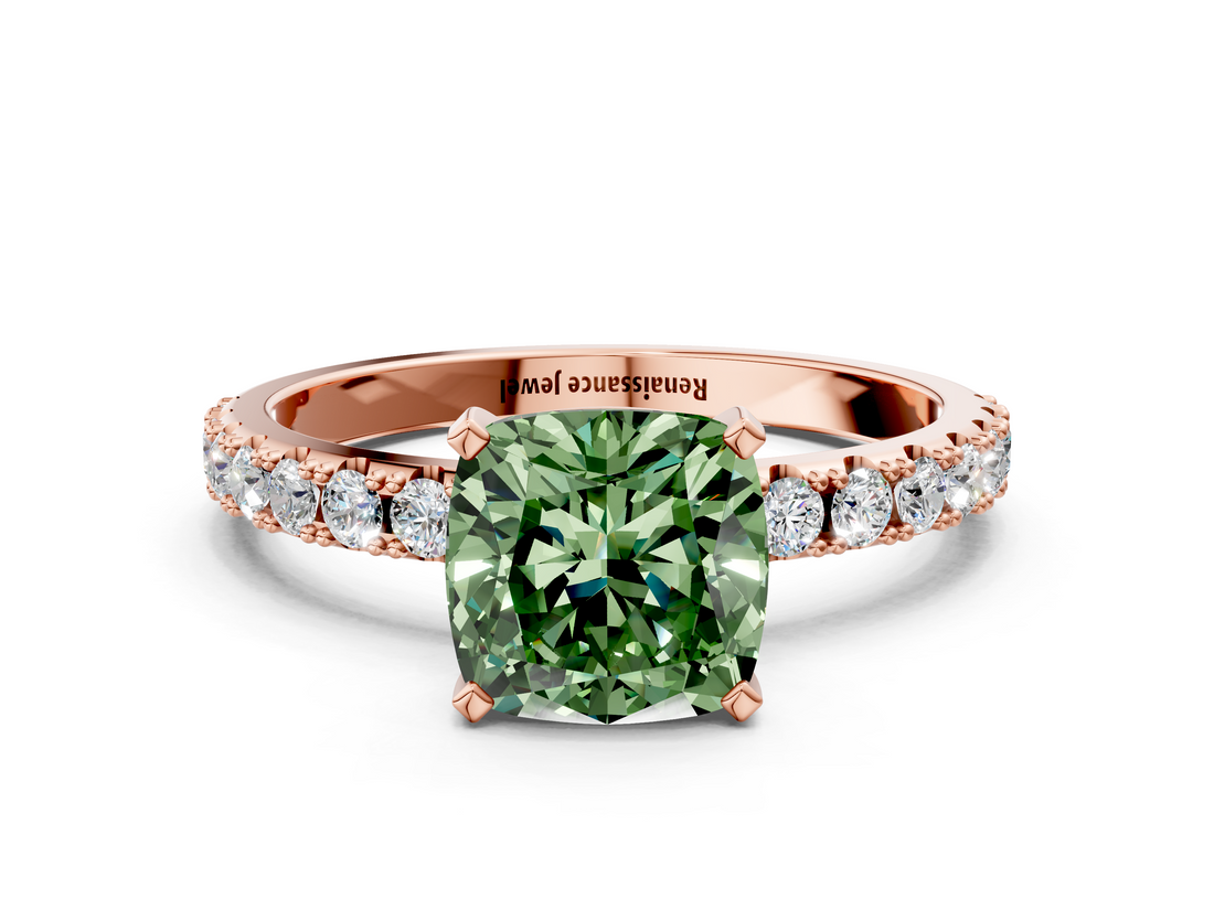 Rose gold Fancy Green Cushion  Solitaire Pavé Band with Four-Prong Setting_128