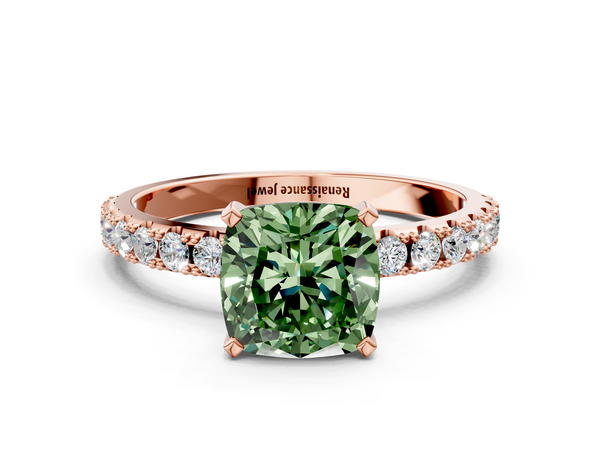 Rose gold Fancy Green Cushion Cut Diamond Solitaire Pavé Band with Four-Prong Setting