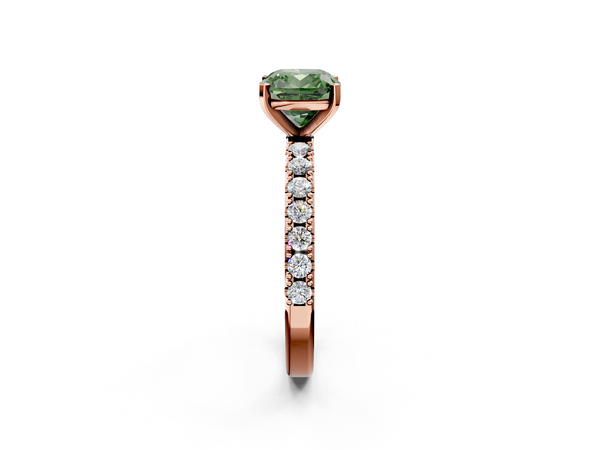 Rose gold Fancy Green Cushion Cut Diamond Solitaire Pavé Band with Four-Prong Setting