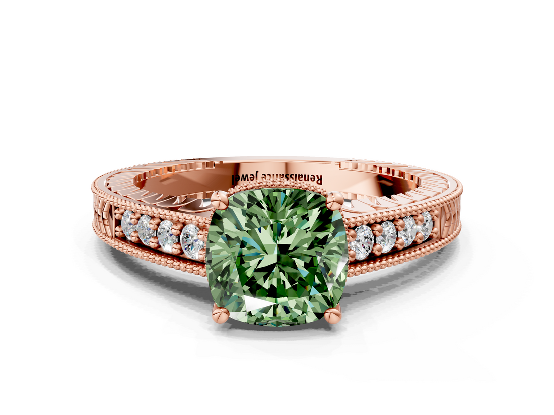 Rose gold Fancy Green Cushion  Solitaire Pavé Diamond Milgrain Engagement Ring with Four-Prong Setting_3