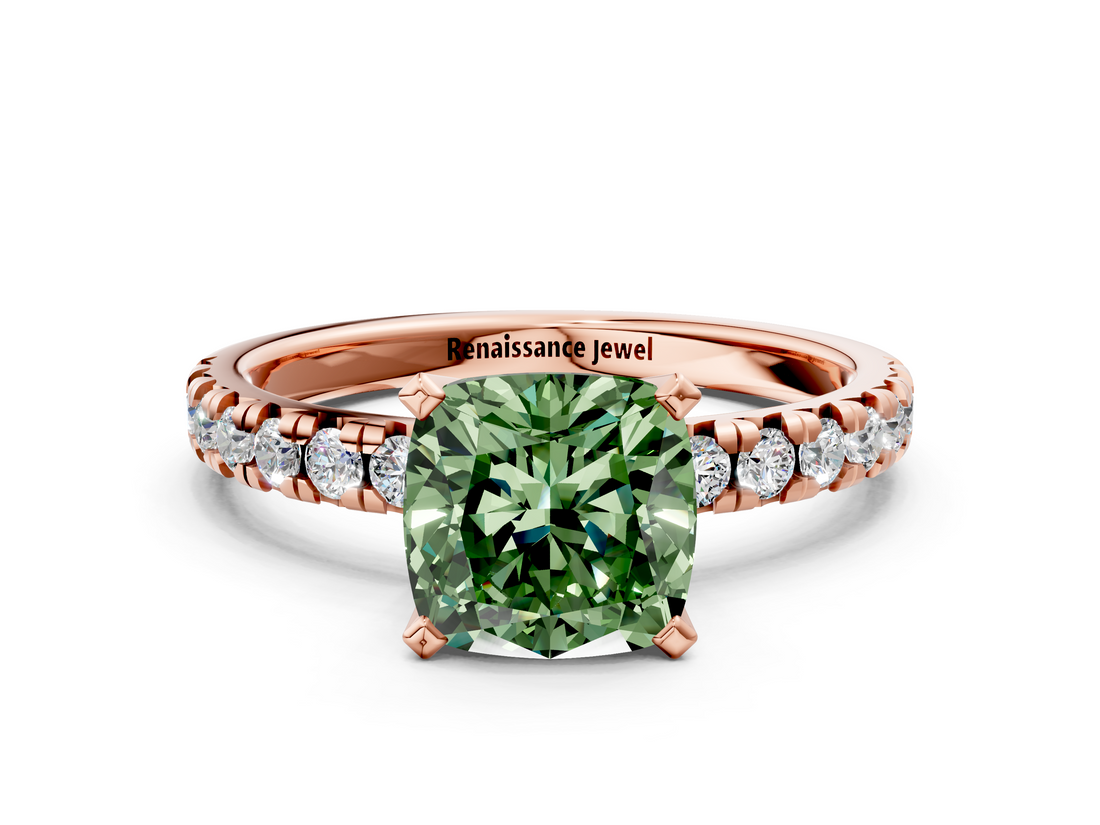 Rose gold Fancy Green Cushion  Solitaire Pave Diamond Engagement Ring with Four-Prong Setting_321