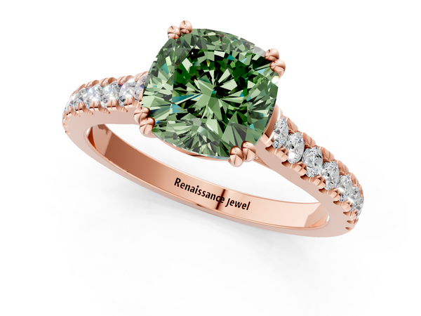 Rose gold Fancy Green Cushion  Solitaire Pave Diamond Engagement Ring with Prong Setting