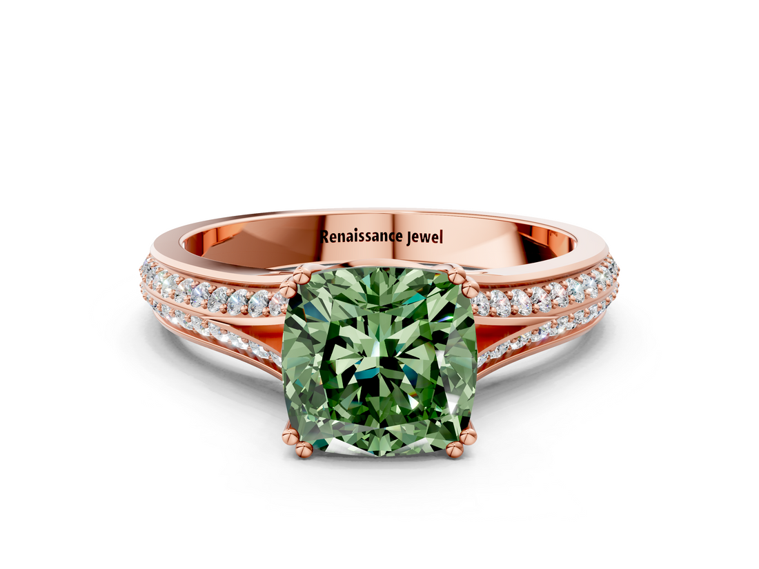 Rose gold Fancy Green Cushion  Solitaire Pave Split Shank Engagement Ring with Six-Prong Setting_37