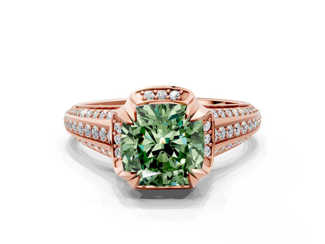 Rose gold Fancy Green Cushion  Solitaire Pave Split Shank Ring with Four-Prong Setting_81