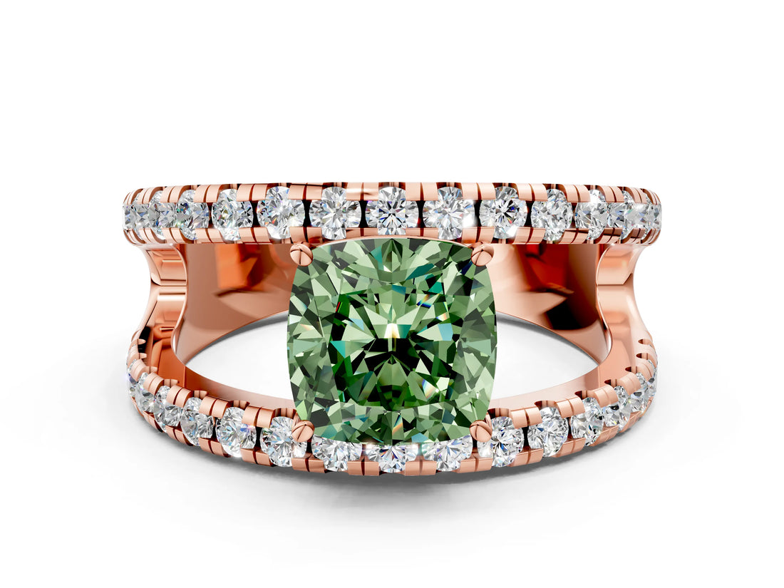 Rose gold Fancy Green Cushion  Solitaire Split Shank Pave Diamond Ring_49