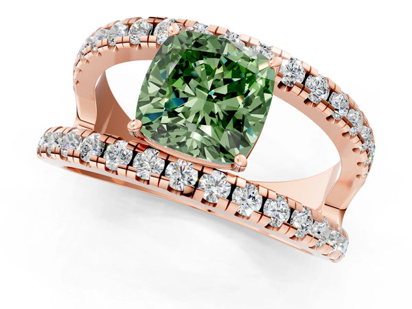 Rose gold Fancy Green Cushion  Solitaire Split Shank Pave Diamond Ring