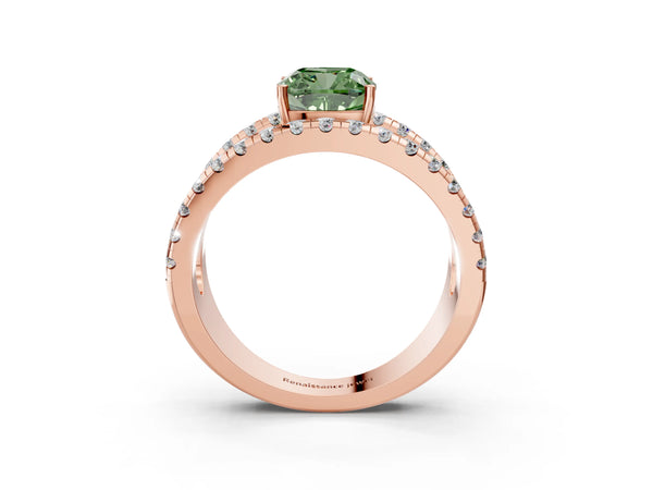Rose gold Fancy Green Cushion  Solitaire Split Shank Pave Diamond Ring