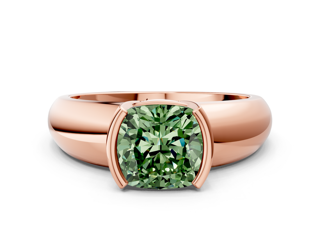 Rose gold Fancy Green Cushion  Solitaire Tension Set Diamond Ring with Wide Band_20