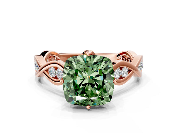 Rose gold Fancy Green Cushion  Solitaire Twist Band with Leaf Prong Setting