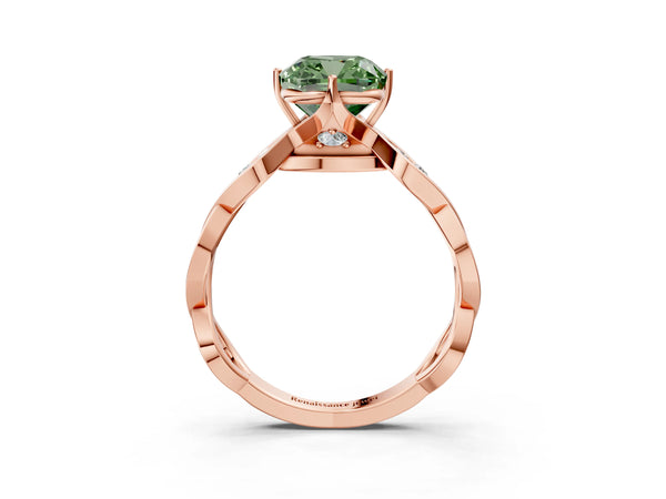 Rose gold Fancy Green Cushion  Solitaire Twist Band with Leaf Prong Setting