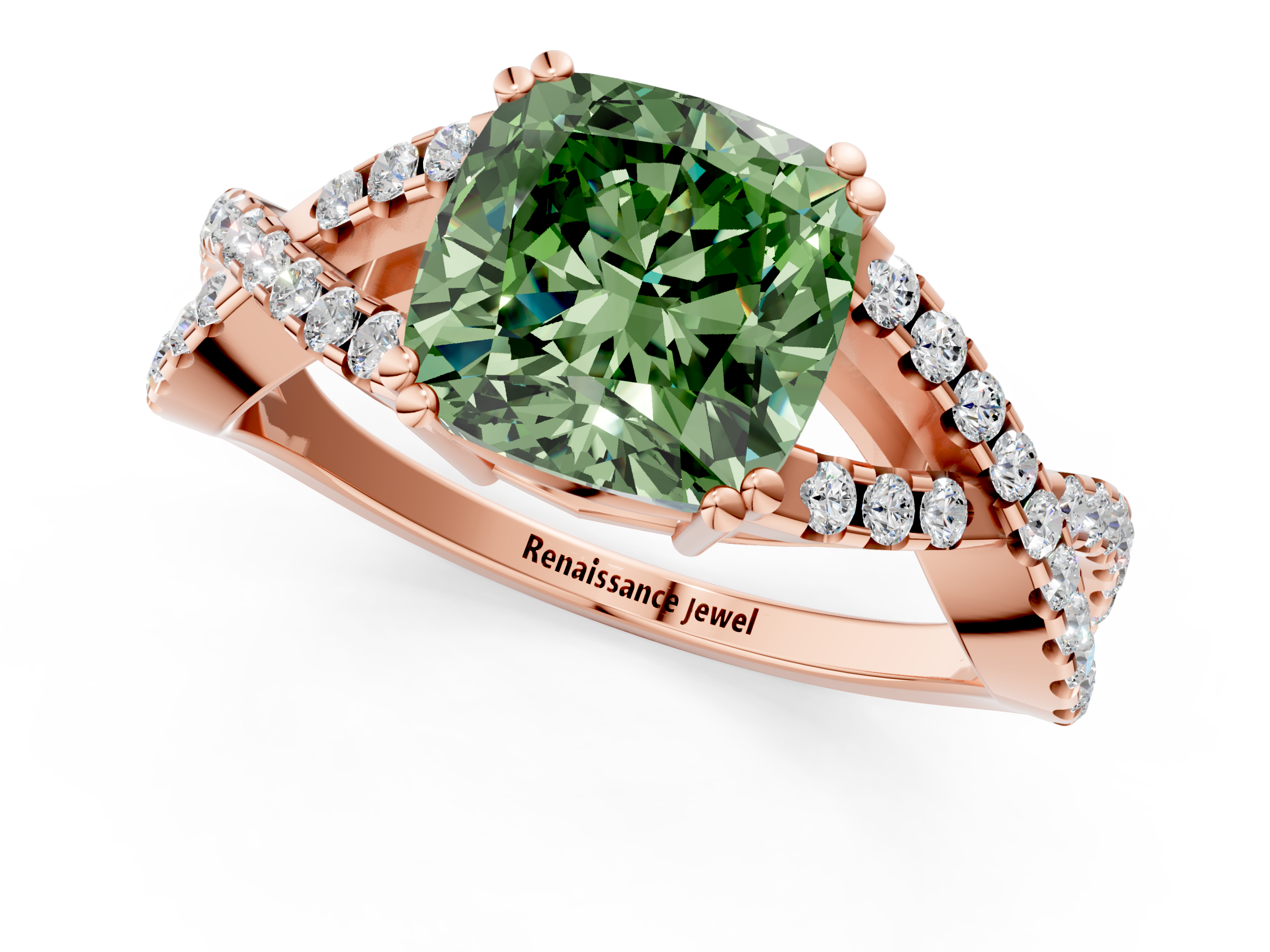 Rose gold Fancy Green Cushion  Solitaire Twist Band with Pavé Setting and Four-Prong Setting_32
