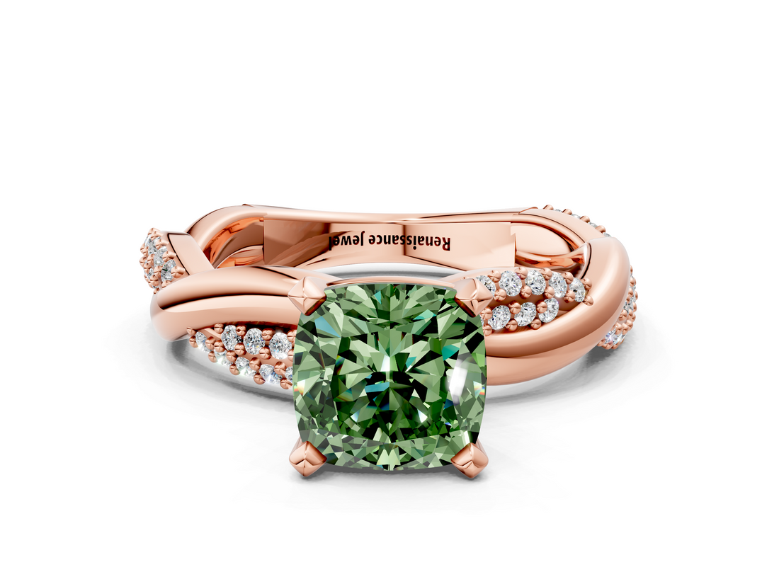 Rose gold Fancy Green Cushion  Solitaire Twist Band with Pave Prong Setting_64