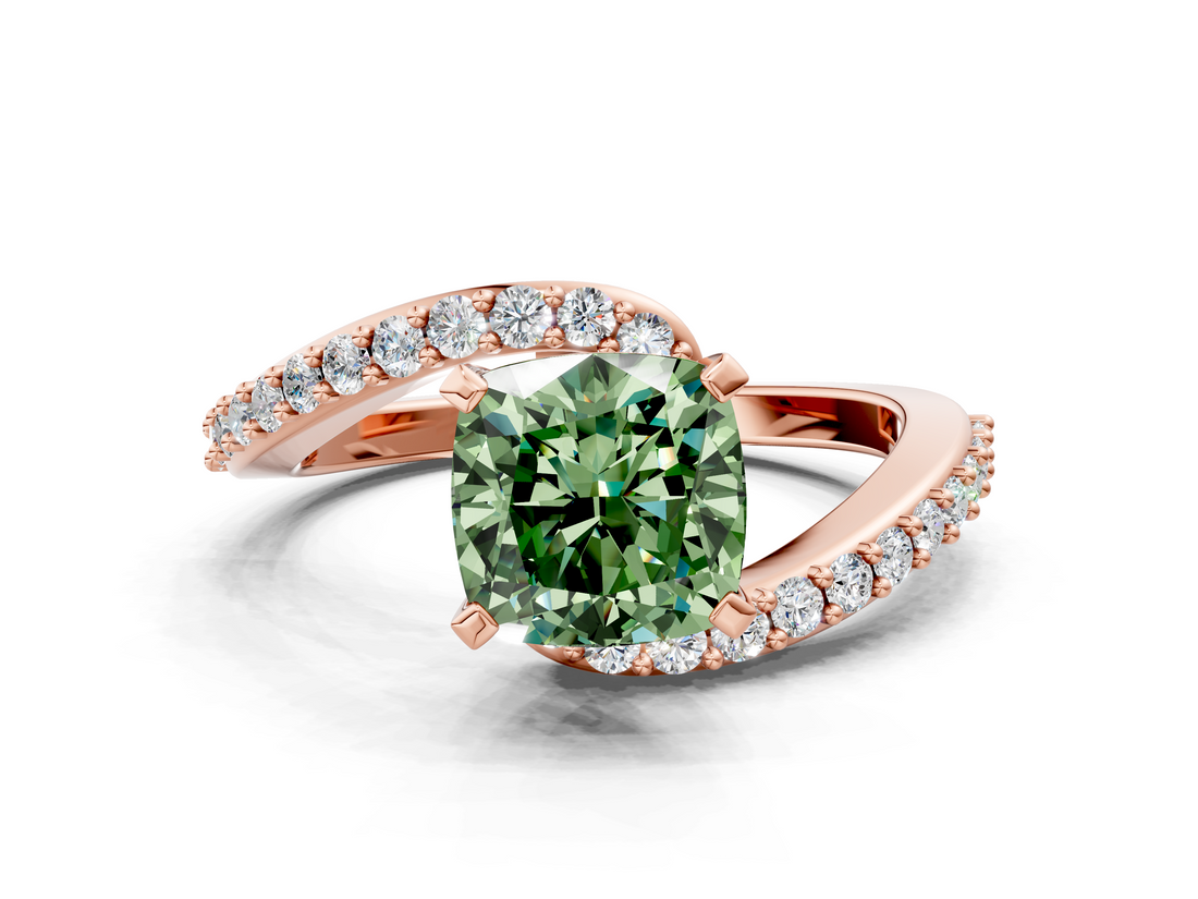 Rose gold Fancy Green Cushion  Solitaire Twist Band with Pave Set Diamonds and Four-Prong Setting_114