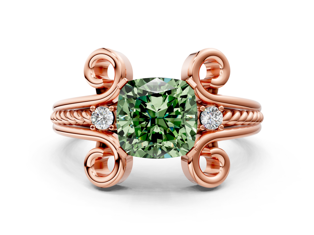 Rose gold Fancy Green Cushion  Solitaire Twisted Band Scroll Prong Ring_3