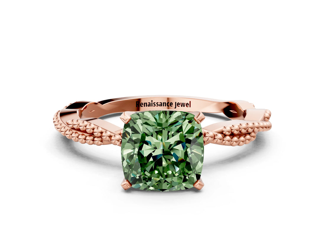 Rose gold Fancy Green Cushion  Solitaire Twisted Band with Bead Prong Setting_290